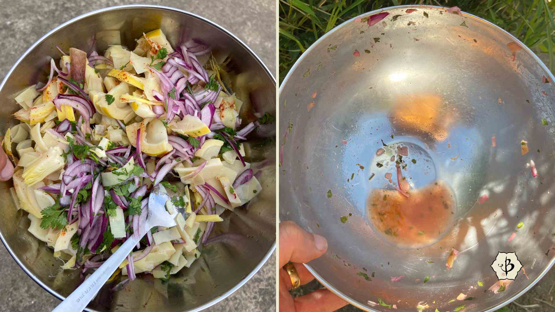 Bamboo shoot ceviche before and after